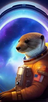 Otter in spacesuit gazing at stars in a cosmic backdrop.