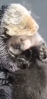 Sea otter cuddling baby against gray backdrop.