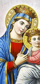 An artistic depiction of Our Lady holding the Child Jesus.