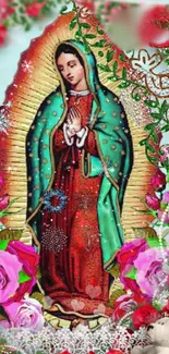 Our Lady of Guadalupe with vibrant flowers and intricate patterns.