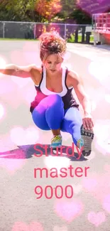 Woman exercising outdoors with a kettlebell in motivational scene.