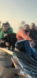 Friends relaxing outdoors under a blue sky.