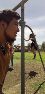 Friends enjoying a day at the playground, captured in a vibrant scene.