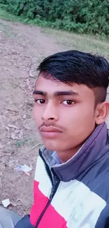 Portrait of a young person in an outdoor setting with greenery background.