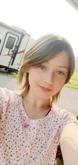 Young girl smiling outside with camper in background.