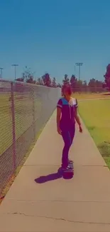 Person skateboarding in a sunny park with blue sky.