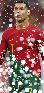 Football player in red uniform with snow effect on mobile wallpaper.