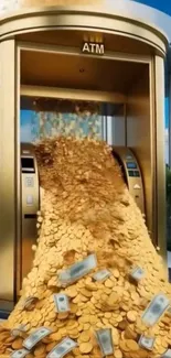 ATM overflowing with gold coins and cash on a mobile wallpaper.