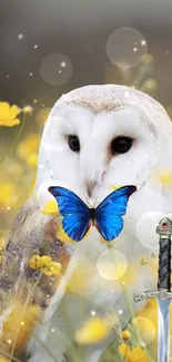 Owl with a blue butterfly perched on a sword amidst yellow flowers.