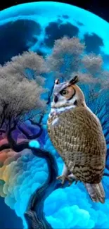 Owl perched on a tree with a vibrant blue moon background.