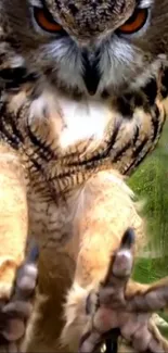 Close-up of an owl in flight with focus on its eyes and extended talons.