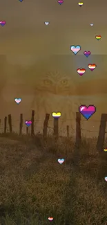 Owl in a field with floating pixel hearts wallpaper.