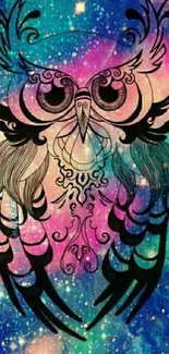 Intricate owl design on a vibrant galaxy background.