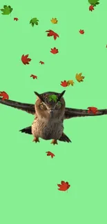 Owl flying against a green background with colorful autumn leaves.