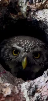 Owl peering out from a tree hollow with piercing yellow eyes.