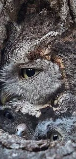 Owl camouflaged in tree bark with peeking eyes.