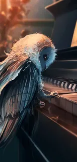 A serene mobile wallpaper of an owl perched on a piano with artistic flair.