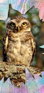 Owl perched on tree with colorful abstract background.