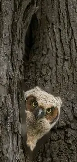 An owl peeking from the rough bark of a tree in a forest setting.