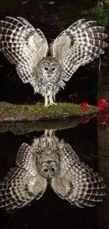 Owl with wings spread reflecting in tranquil forest pond.