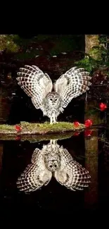 Owl with wings spread reflecting in a dimly lit forest pond.