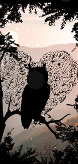 Owl silhouette with floral design in a forest setting at sunset.