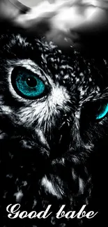 Owl with glowing blue eyes under a moonlit sky.