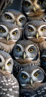 Group of eight owls with vivid yellow eyes in a tree.