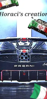 Dynamic Pagani car illustration with flags.