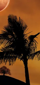 Orange sky with palm silhouette and red moon.