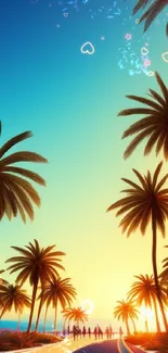 Palm trees silhouette against a vibrant sunset sky wallpaper.