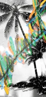 Artistic palm trees with vibrant abstract paint on a rain-covered surface.