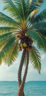 Scenic palm tree on tropical beach at ocean.