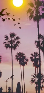 Silhouetted palm trees against a sunset with flying birds.