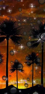 Palm trees silhouetted against a starry orange night sky.