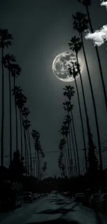 Palm trees silhouetted against a full moon.