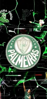 Palmeiras-themed wallpaper with neon green accents and dynamic design elements.