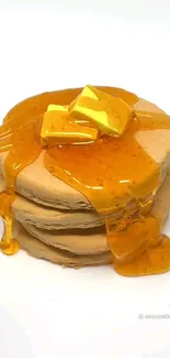 Stack of pancakes with syrup and butter on top.