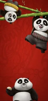 Cartoon panda wallpaper with red bamboo background.