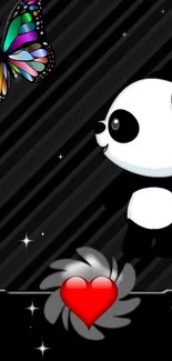 Cute panda and butterfly wallpaper with heart on dark background.