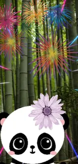 Vibrant panda with fireworks in a bamboo forest wallpaper.