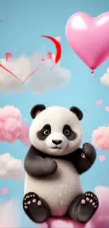 A cute panda with a heart-shaped balloon and fluffy clouds in the sky.