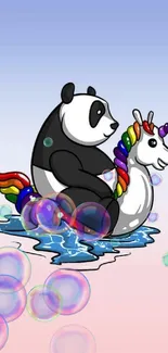 Panda riding a rainbow unicorn float on a pastel background.