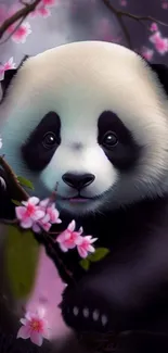 Cute panda surrounded by pink cherry blossoms on a tree branch wallpaper.