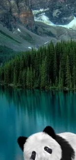 Cute panda overlooking a mountain lake amidst lush greenery.