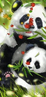 Adorable pandas in a bamboo forest digital artwork, perfect for nature lovers.