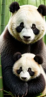 Two pandas cuddling in bamboo forest wallpaper.