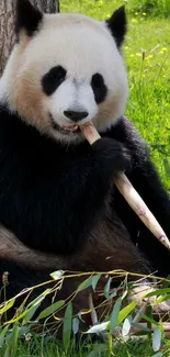 A panda peacefully munching bamboo among lush green grass.