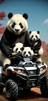 Panda family riding quad bike through scenic red-leaf forest.