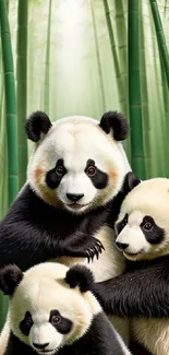 Three pandas in a lush bamboo forest setting.